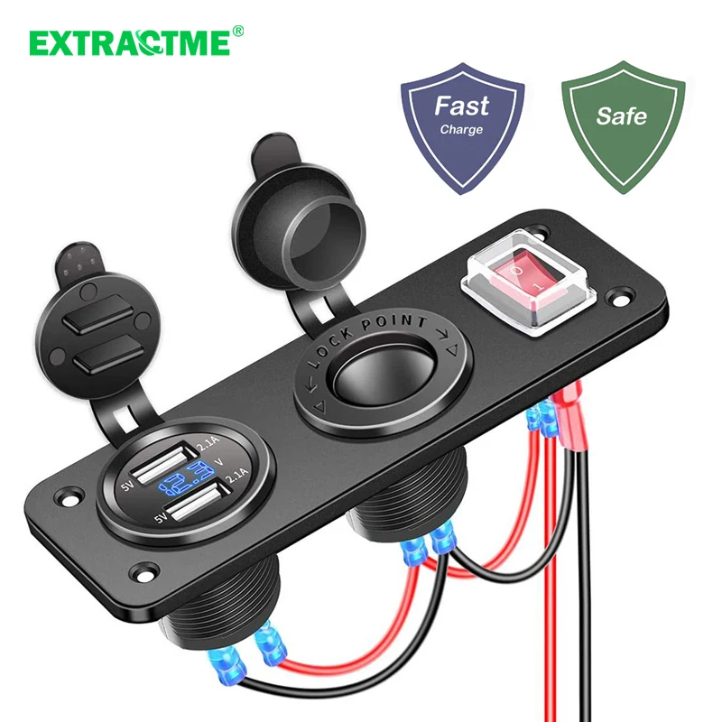 

Etractme Dual USB Fast Charger Socket Multi Port Panel Cigarette Lighter Splitter With Voltmeter Switch For Car Motorcycle Boat