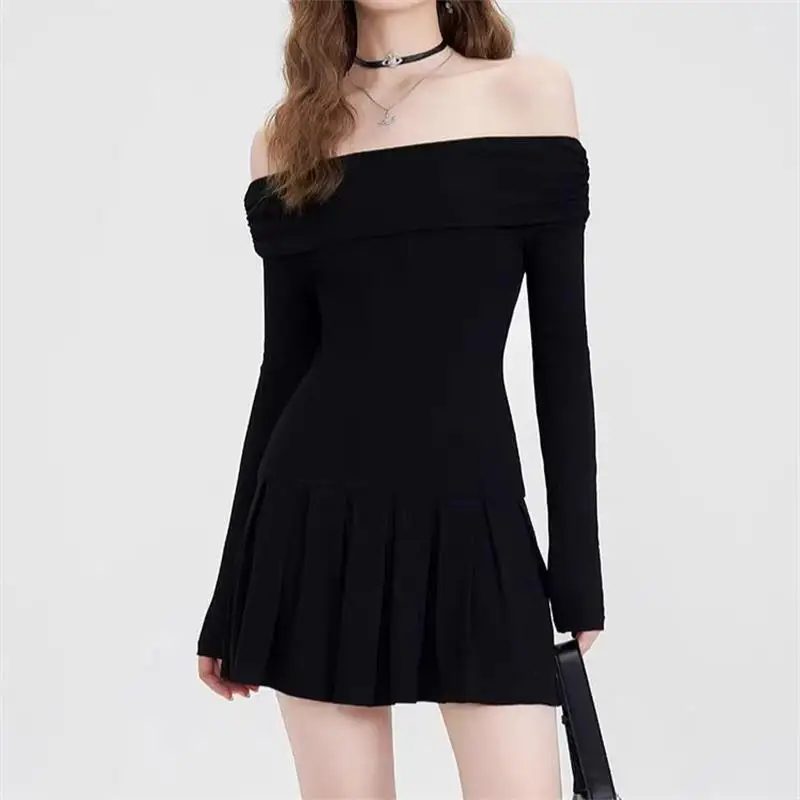 Осеннее сексуальное мини-платье с открытыми плечами для женщин черное