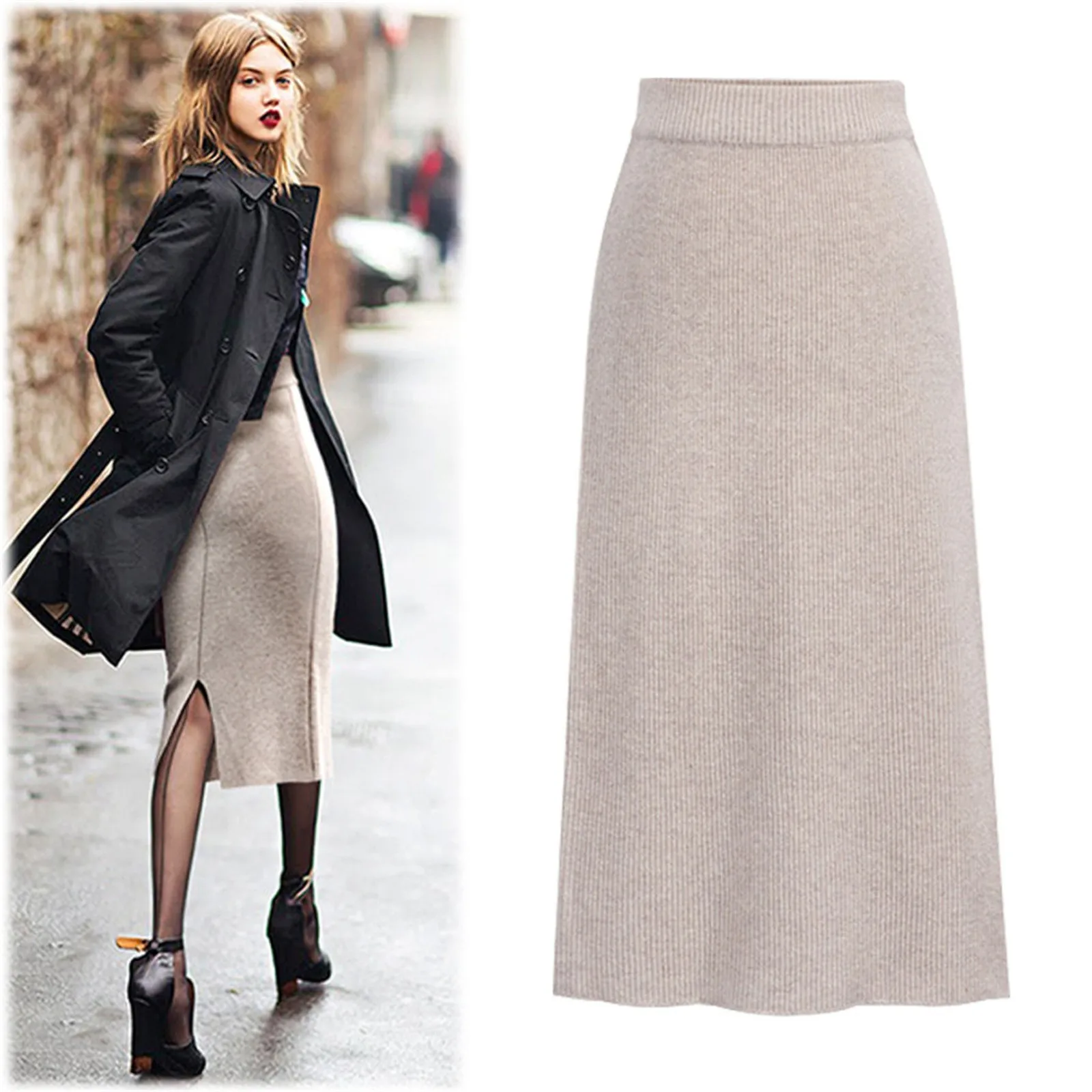 

Long Skirt with Pockets Elegant Mid-Calf Waist Woolen High Women's Solid Knitted Split Skirt Sexy Skirt Plaid Womens Skirt Work
