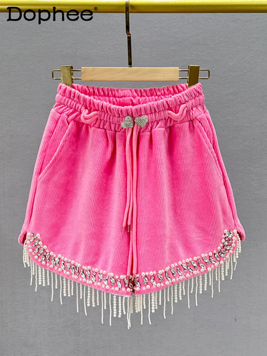 

Exquisite Rhinestone Tassel Sweet Pink Corduroy Shorts for Women 2022 New Winter High Waist Slimming Boot Pants Wide Leg Shorts