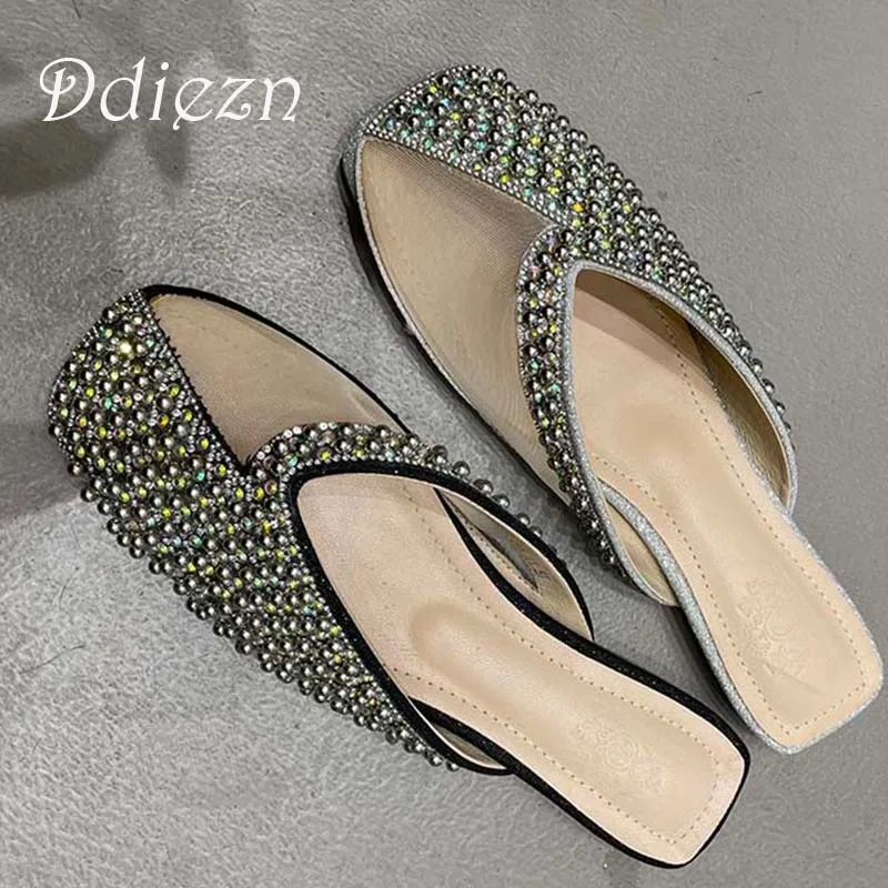 

Shoes For Women Crystal Flats Mules Outdoor Slipper Fashion 2023 Luxury Rhinestone Casual Female Footwear Summer Ladies Slides