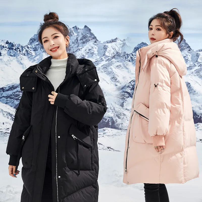 Maternity Down Jacket Women Winter Large Mid-length Pocket Coat Loose Blue Windproof Raglan Sleeves Wide Brim Coats Snow Clothes