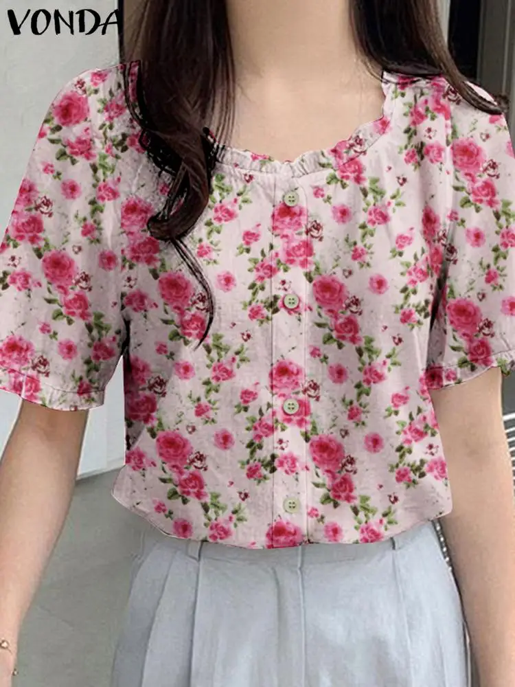 VONDA Женская Цветочная блузка 2024 Модные топы Летняя богемная туника с принтом
