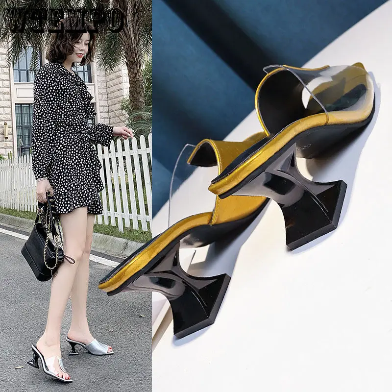 WTEMPO Women Strange Heels Shoes Patchwork Femmes Clear Sandales Square Open Toe Platform High Heels Slippers Dropshipping