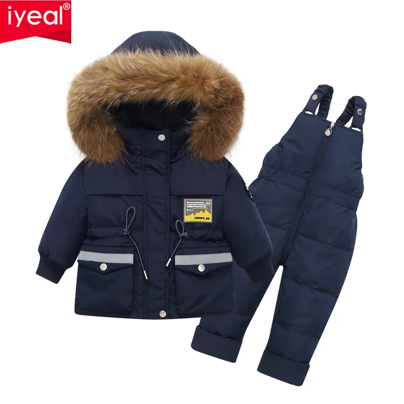 IYEAL 2022 Winter New Children's Down Jacket Suit White Duck Down Real Fur Collar Baby Boys Girls Thickening Overalls Two-Piece