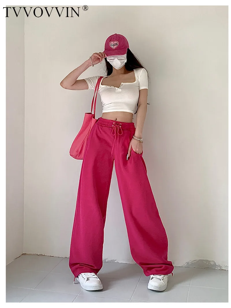 

TVVOVVIN 2023 осенние женские повседневные Прямые брюки на шнуровке с высокой талией, однотонные широкие брюки MHIB