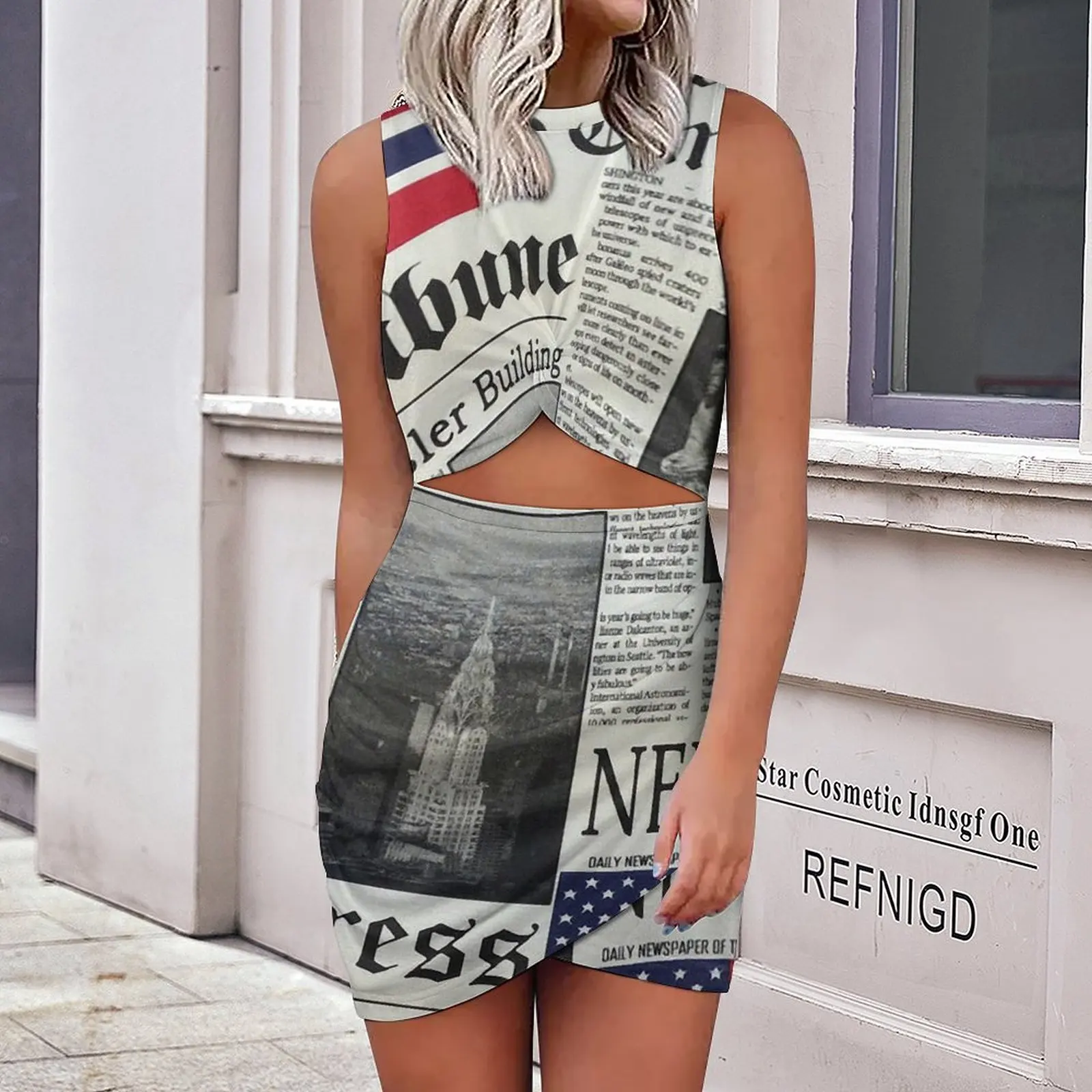 

Женское облегающее платье с газетным принтом, элегантная обтягивающая мини-юбка с открытой талией, модная одежда выше колена, 2023