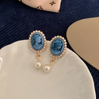 vintage baroque court style geometric blue portrait imitation pearl dangle earrings for women girls party jewelry drop earrings