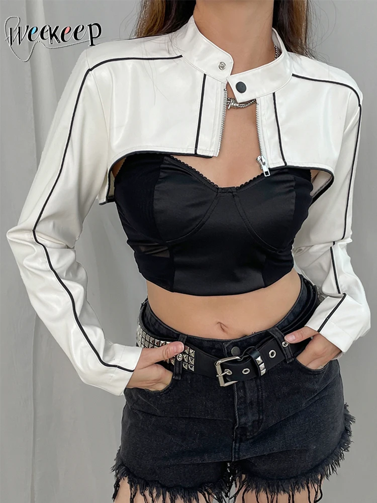 

Weekeep Streetwear Leather Jacket Smock Zip Up Full Sleeve Sexy Super Crop Jackets Striped Print Fashion PU Cardigan Women y2k