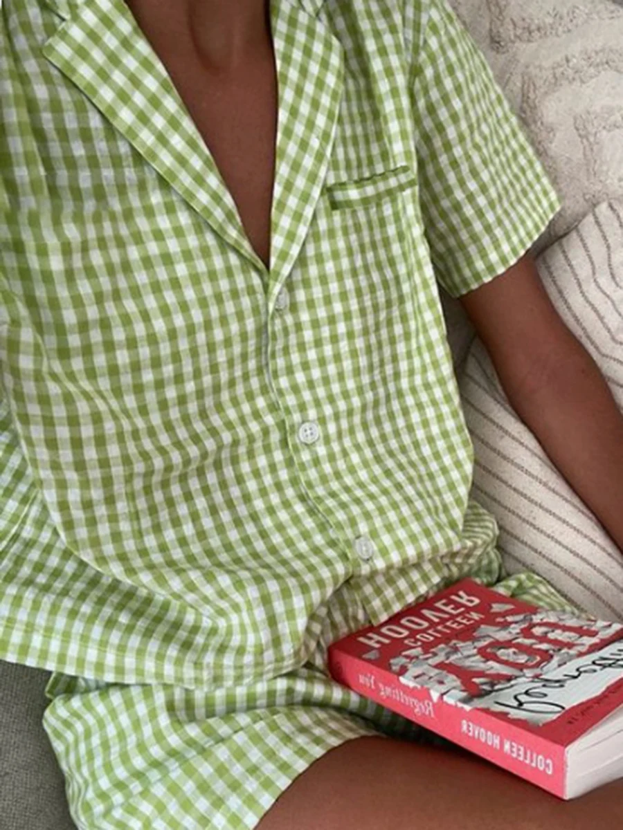 Новый пижамный комплект в клетку с шортами Женский из 2 предметов для отдыха