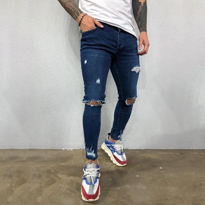 High quality new European and American men's ripped elastic skinny jeans torn trend pants student social casual men's pants