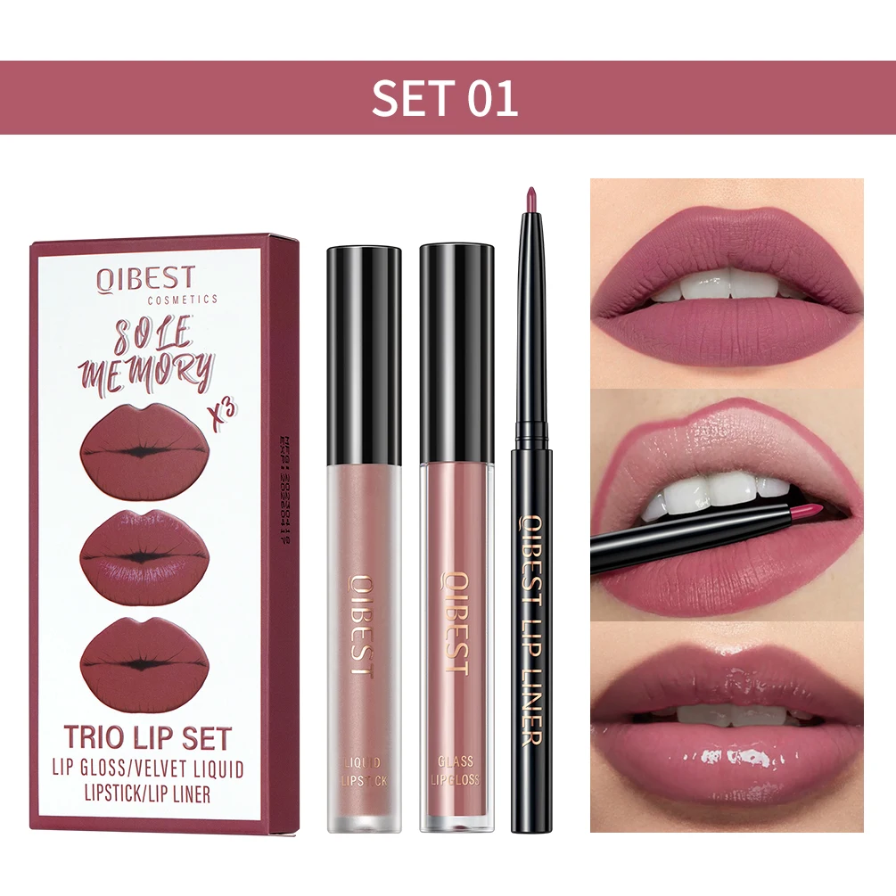 

QIBEST 2023 New Matte Liquid Lipstick&Lip Liner&Lip Gloss 3Pcs Set Makeup Long Lasting Non-stick Cup Red Lip Tint Cosmetics Kit