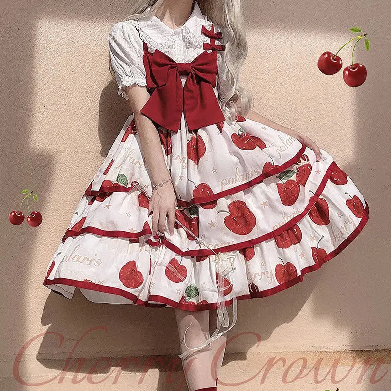 

Красное милое комбинированное платье Лолита, трехступенчатое платье лолиты, вишневая корона, JSK Kawaii, японское платье принцессы для чайной в...