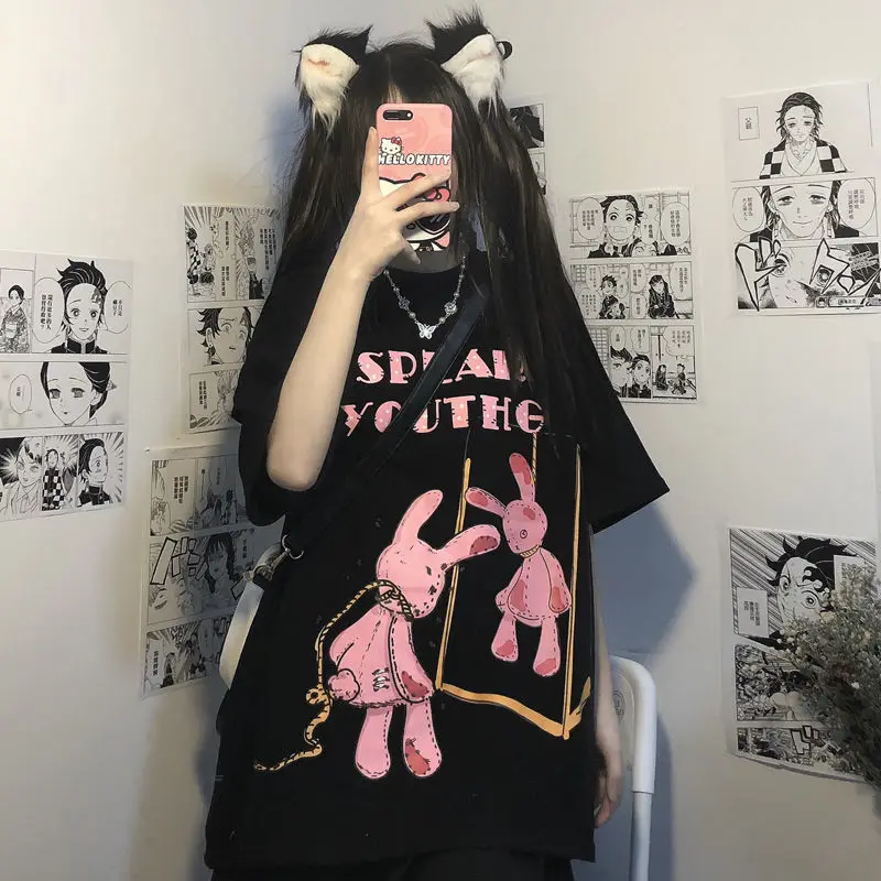 

Rabbit Kawaii Goth Cute Japanese Anime T-shirt Female Harajuku Oversized T-shirt Women Summer Clothes Black T-shirt Street Top