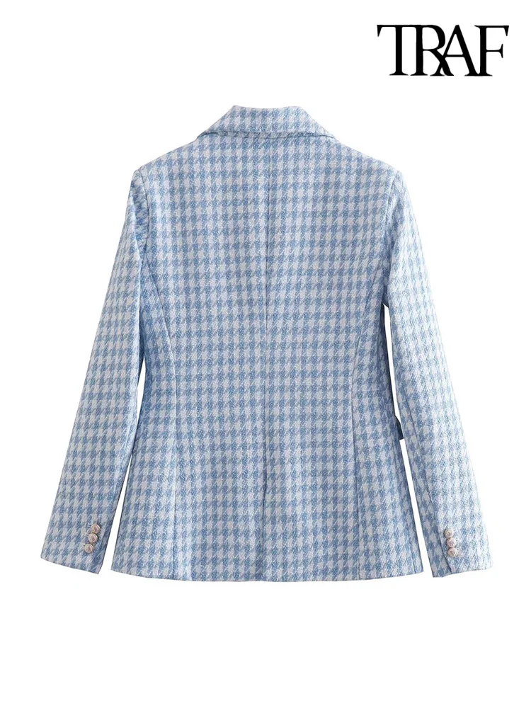 TRAF Women Fashion Houndstooth Double Breasted Tweed Blazer Coat Vintage Long Sleeve Flap Pocket Female Outerwear Chic Veste