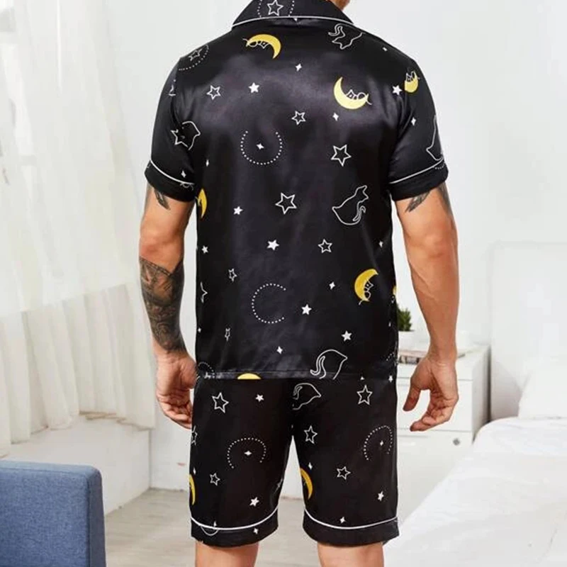 Men's Loungewear Lapel  Print Satin PJ Set Pajamas Set Home Sleepwear Two Piece Set Women's Loungewear Plus Size 2022 New