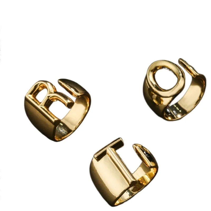 

Lucky Hollow A-Z Letter Gold Color Metal Adjustable Opening Ring Initials Name Alphabet Female Party Chunky Wide Trendy Jewelry