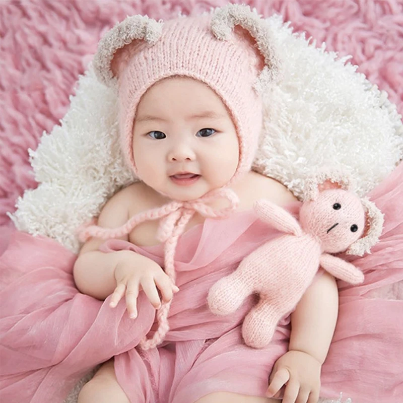 

2pcs Newborn Infant Knitted Beanie Hat with Animal Koala for Doll Toy Photo Prop