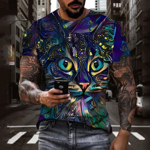 Модные футболки с графикой кота, летние трендовые футболки с коротким рукавом, крутые мужские футболки с 3D принтом животных, повседневная уличная одежда, футболки в стиле хип-хоп