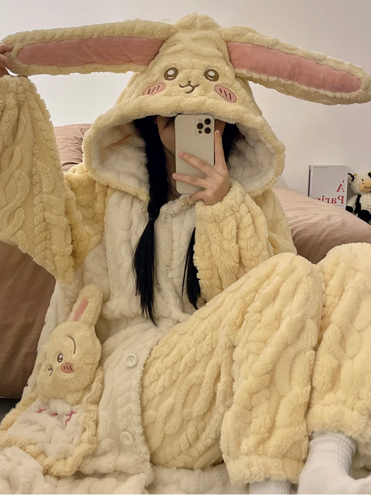 Usaage Nightgown Autumn and Winter 2024 New Coral Fleece Pajamas Women Thickened plus Velvet Bathrobe Home Wear Set