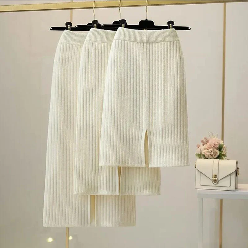 

50-60-70 CM 2021 New Fashion Autumn Winter Knitted Sexy Skirt Women Korean Style Black High Waist Elastic Split Skirt Female