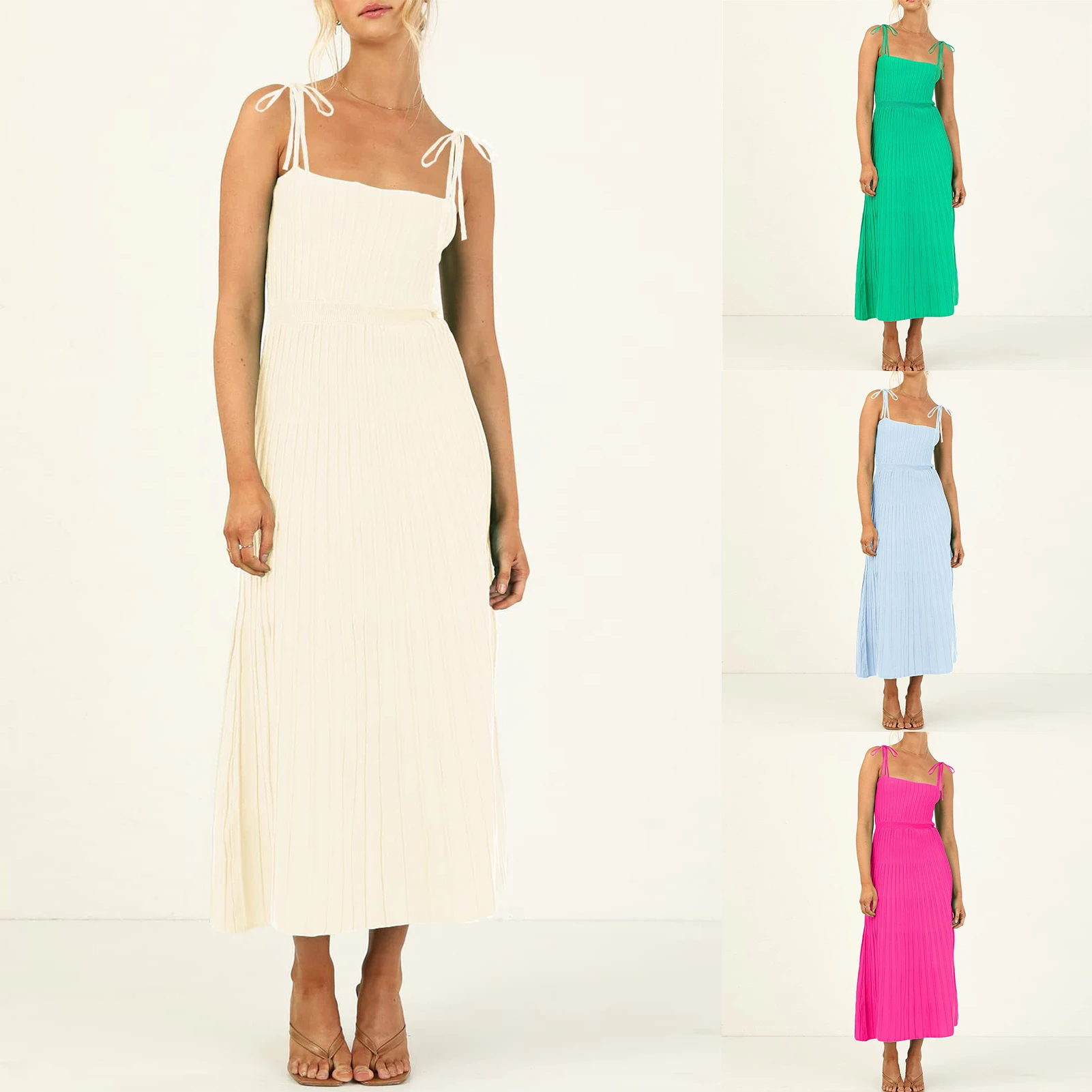 

Knit Pleated Women Spaghetti Straps Dress Sexy High Waist Slim Vacation Female Long Dresses 2023 Spring Summer Casual Vestidos