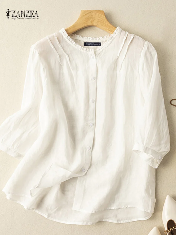 

Модная кружевная Лоскутная рубашка ZANZEA, летняя блузка с рукавом 3/4 и круглым вырезом, Женская Повседневная свободная туника, топы, женские праздничные хлопковые Блузы