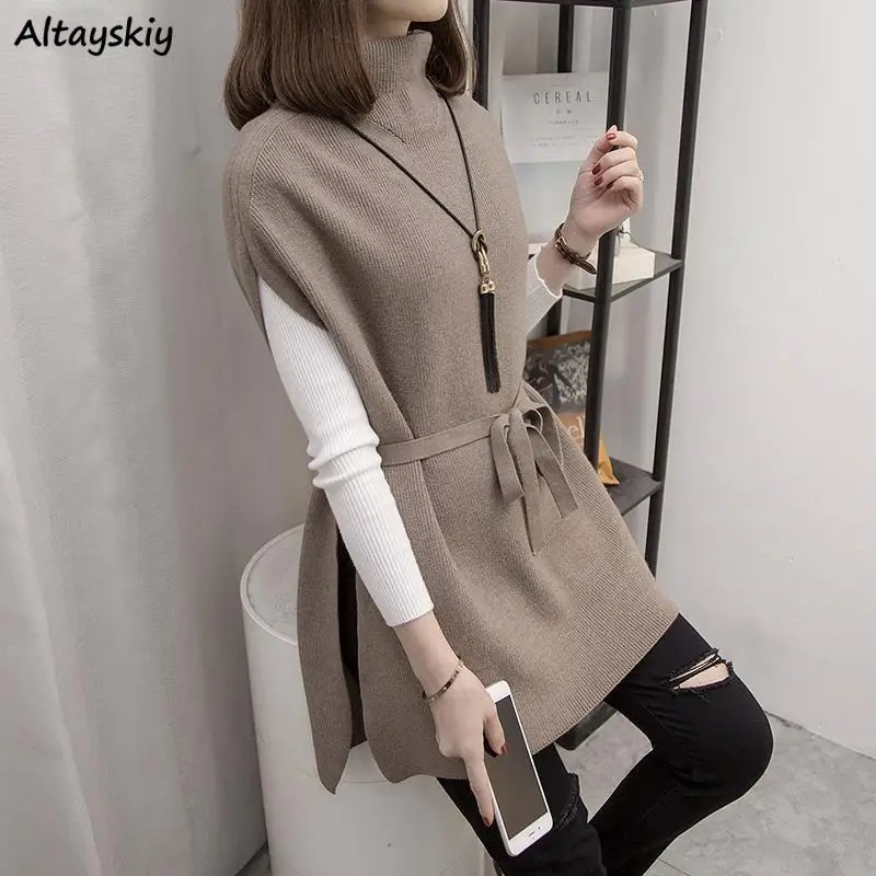

Sweater Vest Women Half High Collar Soft Lace-up Split Knitting Tops Sleeveless Retro Korean Style Office Lady Leisure All-match