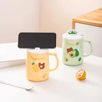 cartoon ice cream mug creative mobile phone holder cover ceramic water bottle with lid and spoon home office cute cold drink cup