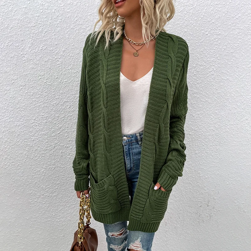 

Women's Sweater Women's Cardigan 2022 Autumn Winter Clothing New Loose Solid Color Mid-length Twisted Rope Knitted Cardigan Coat