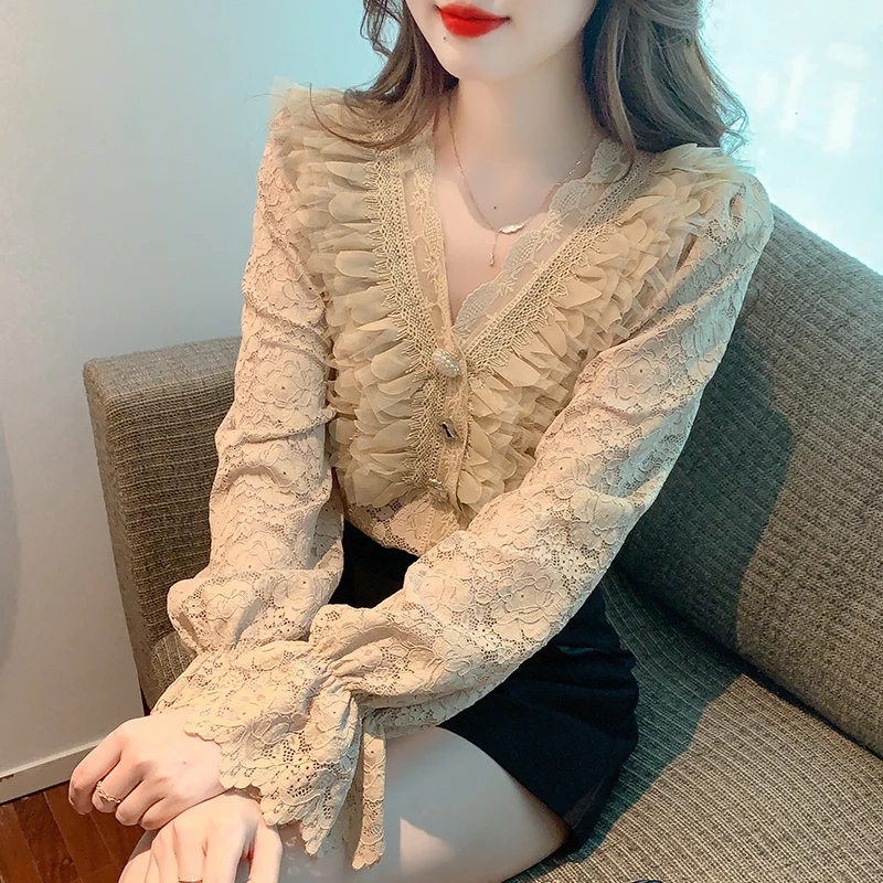 

Ladies French Fashion Casual Lace Shirts Blouse Women Tops Woman Button Up Shirt Female Girls Long Sleeve Blouse BPy6561