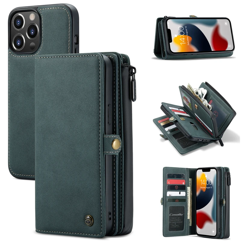 

Business 17 Cards Flip Leather Case For iPhone 13 Pro Max 12 Mini 11 SE 2020 X 10 XR XS Max 7 8 Plus Removable Wallet Phone Case