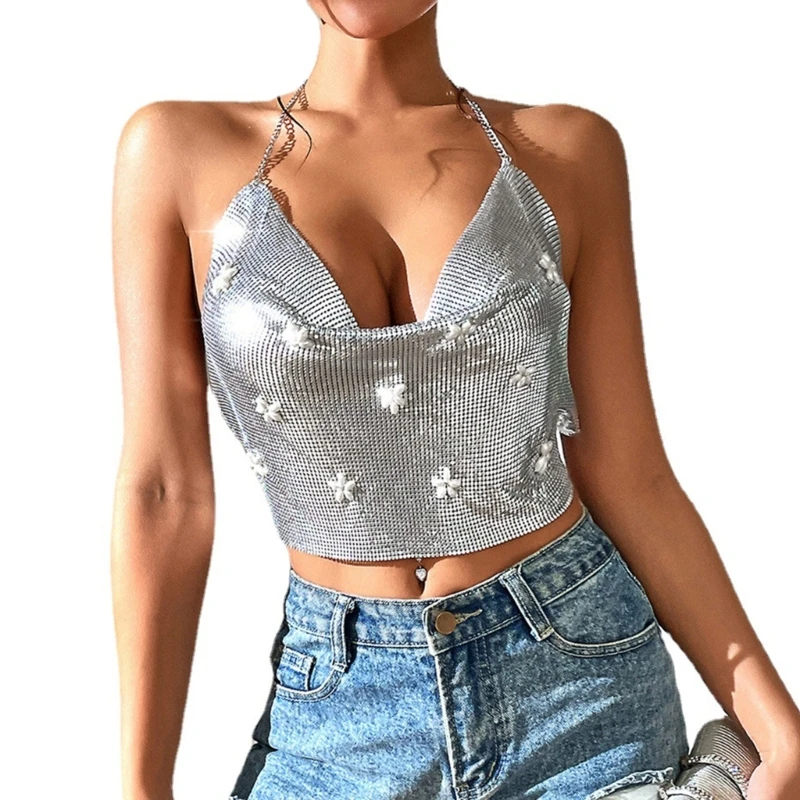 

Metal Sequins Camisoles Sexy Backless Solid Color Sleeveless Vest Bodycon Cropped Top Parties Clubs Wearing for Womens