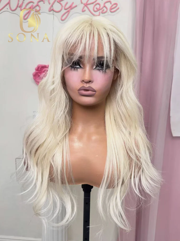 Фото ﻿ Парик из натуральных бразильских волос Ash Blonde Body Wave с челкой-шторкой, с отбеленными узлами, с эффектом Natural Wave, с кружевной передней частью