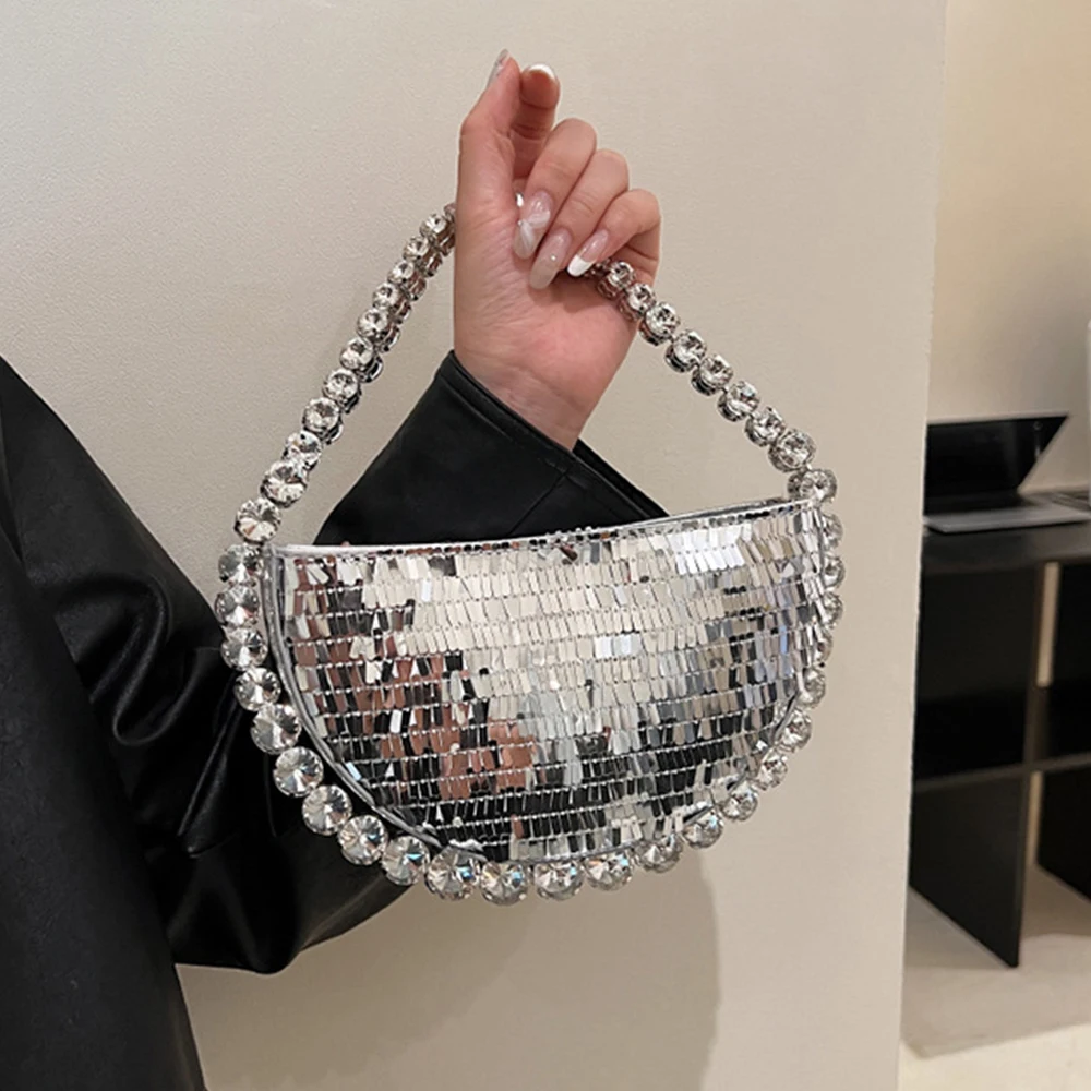 Sequined Evening Bags for Women Luxury Diamonds Handle Women Handbag Mini Half Moon Shoulder Bag Fashion Designer Bag Clutch New