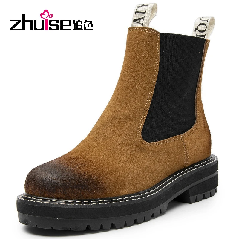

Women Winter Boots Sued Genuine Leather New Fashion British Style Women Chelsea Boots Large Size 41　42　43 Female Ankle Boots