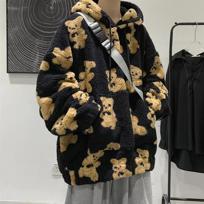 Fleece Hooded Jackets Streetwear Casual Harajuku Hip Hop Men Women Fashion Bear Print Full Zip Hooded Coat Tops Outwear w353
