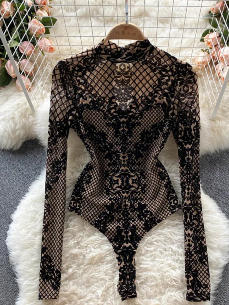 Женское боди с цветочным принтом элегантное облегающее Сетчатое