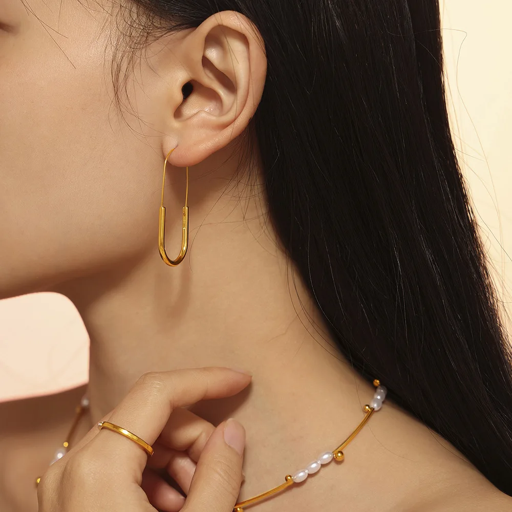 Женские длинные серьги-кольца из нержавеющей стали с золотым покрытием