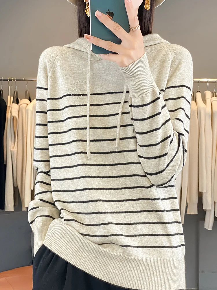 Толстовка в полоску с капюшоном трикотажная нижняя рубашка женская новинка 2024
