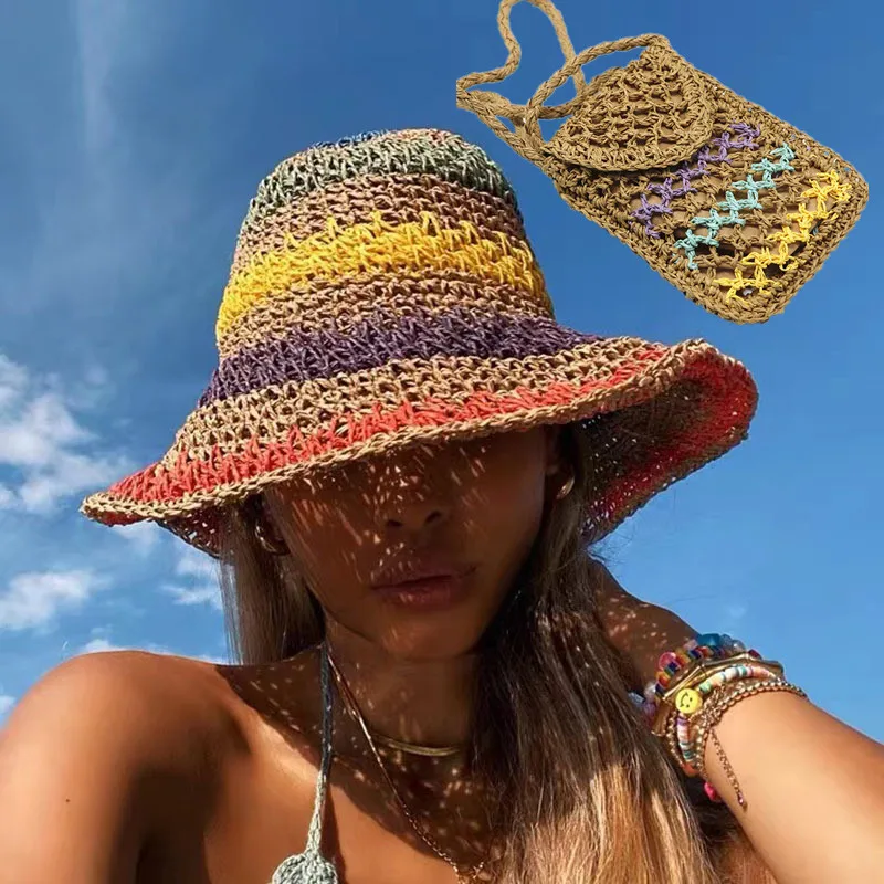 

New Bohemian Woven Rattan Bag Women Beach Messenger Bags holiday straw bag Square Crossbody Bags Fashion Females Hats Bag Set