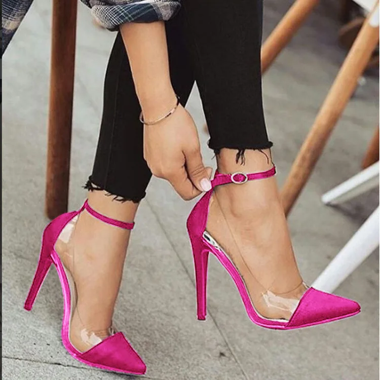 

2022 New Summer High Heel Pointed Monochrome Belt Buckle Stylish Women'S Single Shoes Rose Red Pink Black Apricot Color 35 - 43
