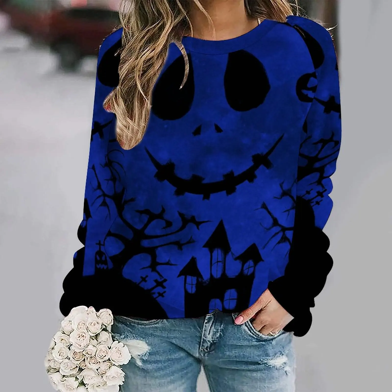 

Новинка Осень 2022, свитшот с 3D принтом на Хэллоуин, ужас, женская синяя Толстовка, повседневная одежда в стиле Y2K без пальцев