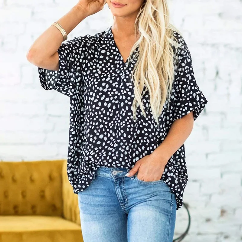 

Summer Polka Dot Printed Loose Chiffon Shirt Casual Womens Sexy V-neck Short Sleeve Top T-shirt Daily