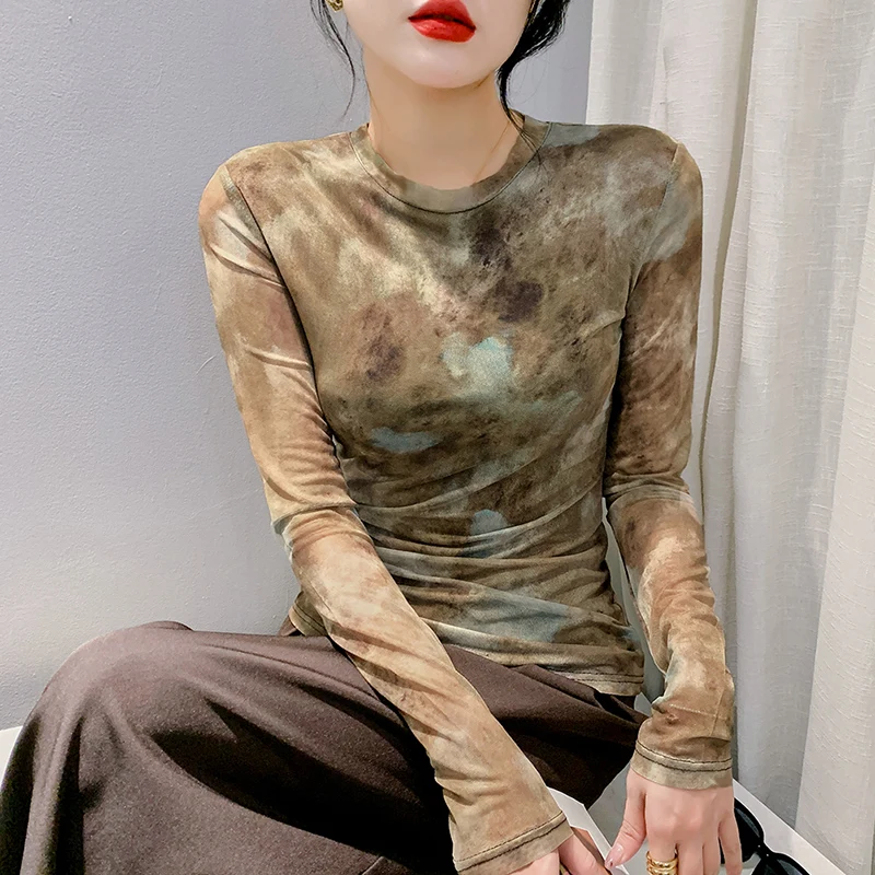 #8636 весенне-осенняя Сетчатая футболка с принтом Женская винтажная облегающая