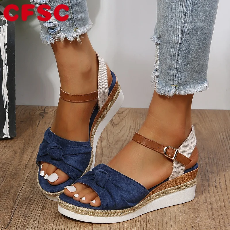 

Thick Platform Solid Women Casual Wedges Sandals Open Toe Buckle Women Summer Beach Sandals with Bow Sandalias Mujer Verano 2022