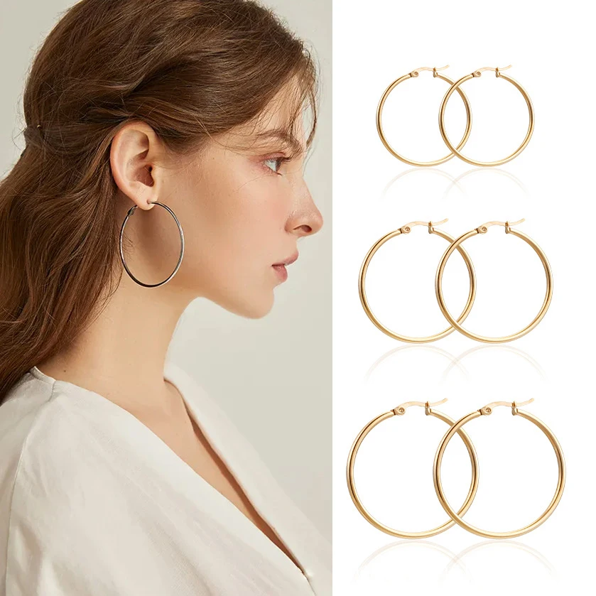

Simple Classic Stainless Steel Round Circle Hoop Earrings For Women Men Punk Smooth Big or Small Earring OL Fashion OL