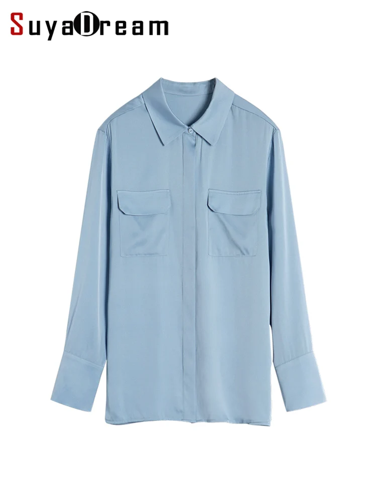 SuyaDream Women Chic Shirts 22mm Silk Doubel Joe Two Pockets Boyfriend Blouses 2022 Spring Summer Office Lady Clothes