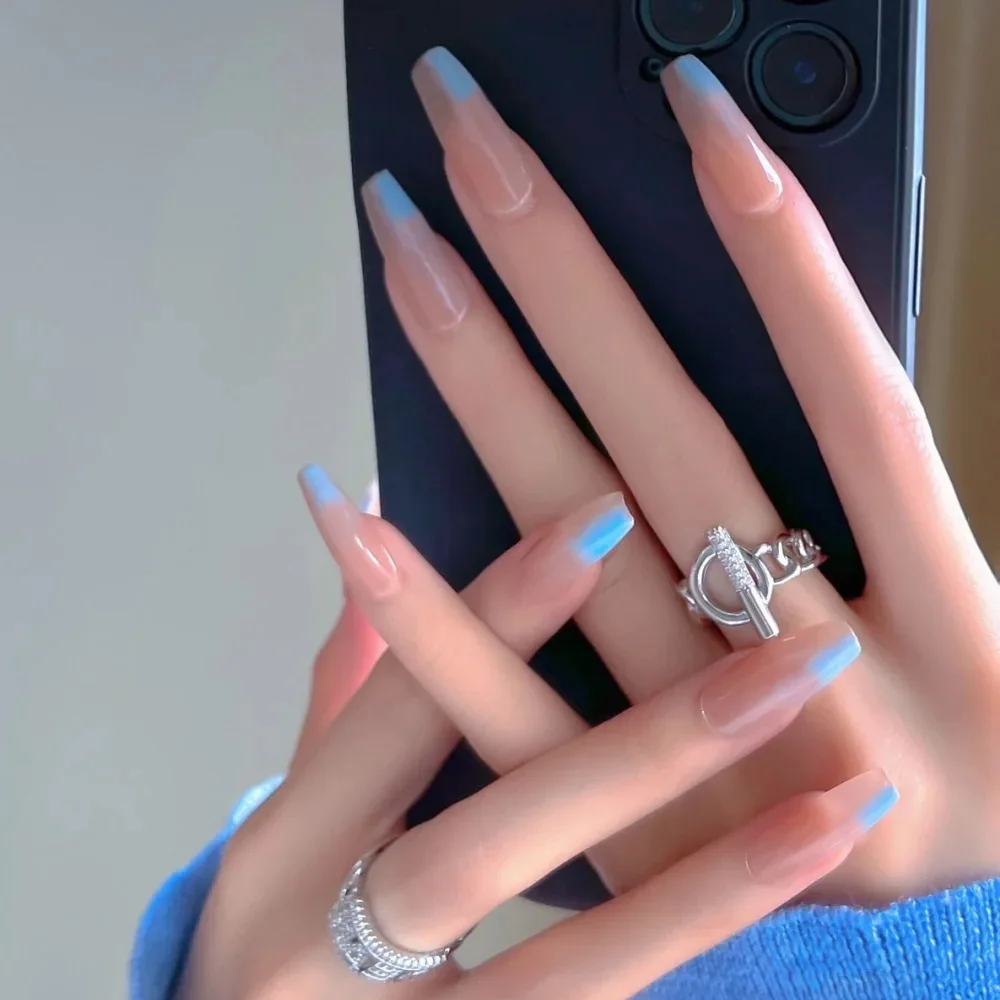 

New Blue Gradient Style Full Coverage Long French Ballerina False Nail Tips 2022 Trend Nail Art French Butterfly Manicure Tools