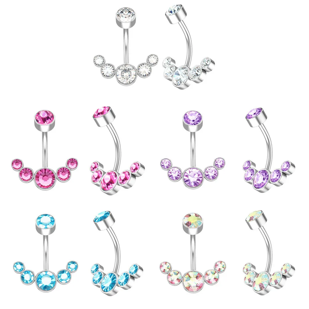 

5 Crystals Belly Button Rings for Women Girls Stainless Steel Curved Navel Barbell 14g Dangle Body Jewelry Piercing Ombligo Sexy